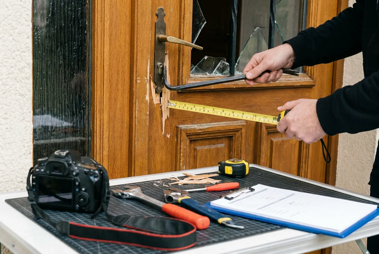 Constat d'effraction sur une porte d'entrée en Essonne pour un dossier d'assurance habitation