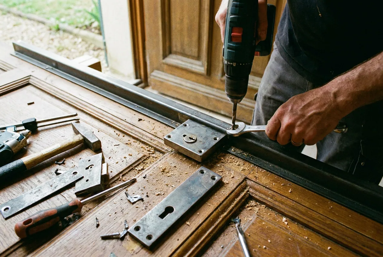 Blindage de porte d'entrée en cours d'installation sur un pavillon de Saint-Pierre-du-Perray